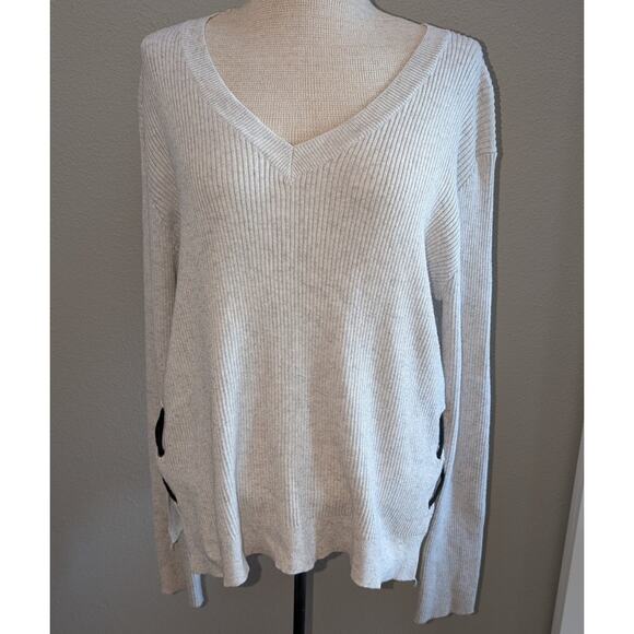 Womens Anthropologie John + Jenn Lace-up Side V-Neck Ribbed Sweater Light Gray L - Picture 1 of 5